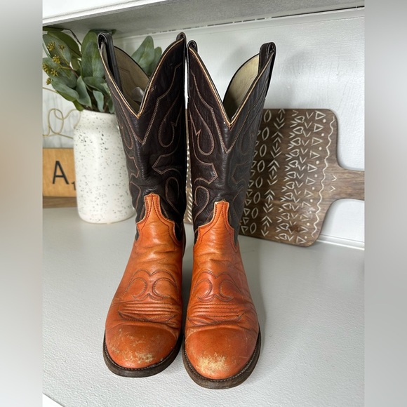 Larry Mahan Vintage Western Cowboy Boots Brown/Orange Leather Size 6.5 Women - Picture 3 of 10